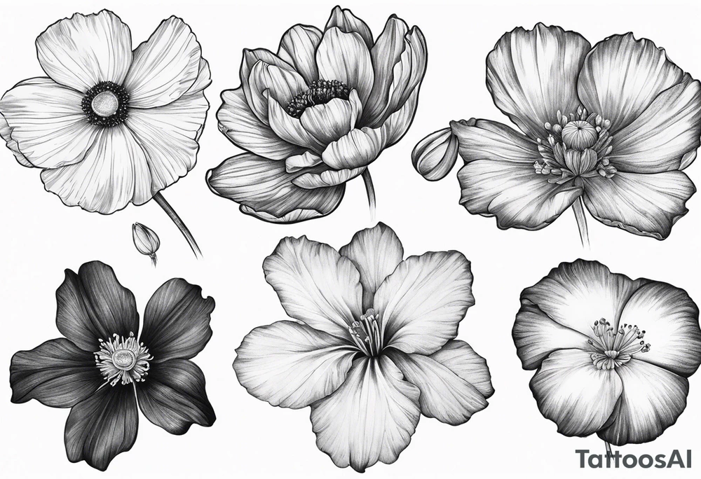 1 cosmos flower, 1 iris, 1 larkspur, 1 daisy, 1 poppy tattoo idea