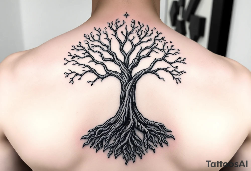 mystical tree of life with cosmic roots and celestial branches tattoo idea