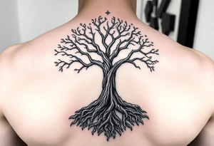mystical tree of life with cosmic roots and celestial branches tattoo idea