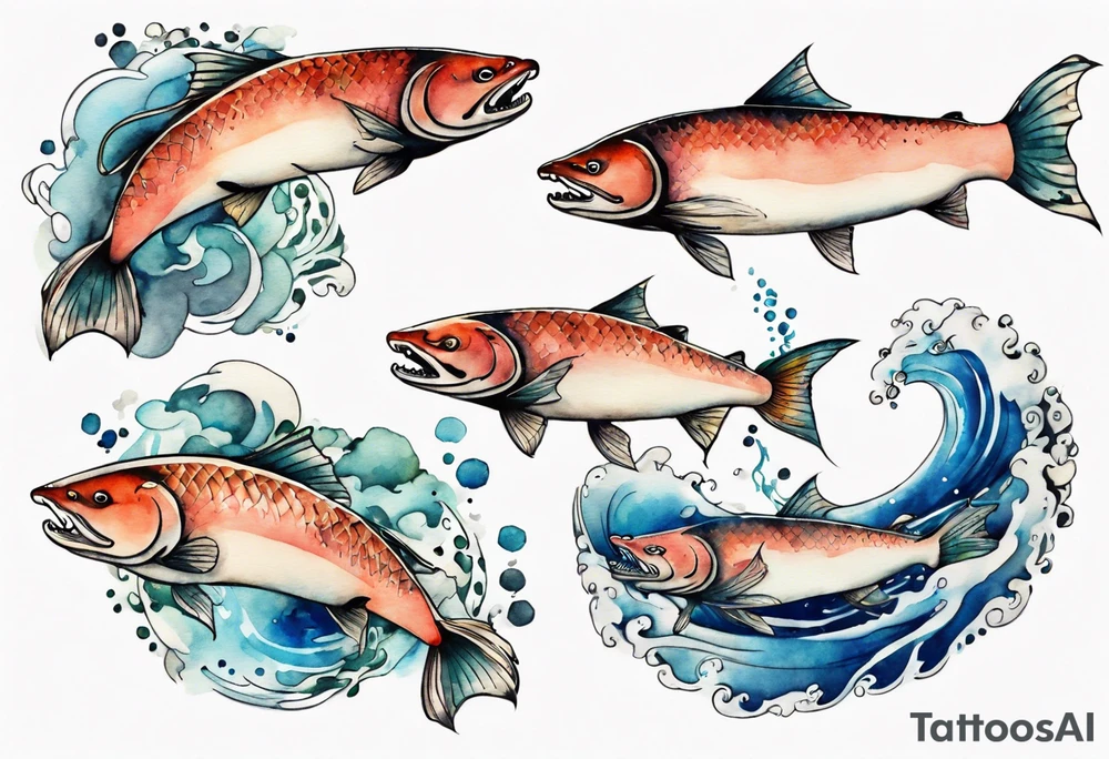 medieval salmon swimming tattoo idea