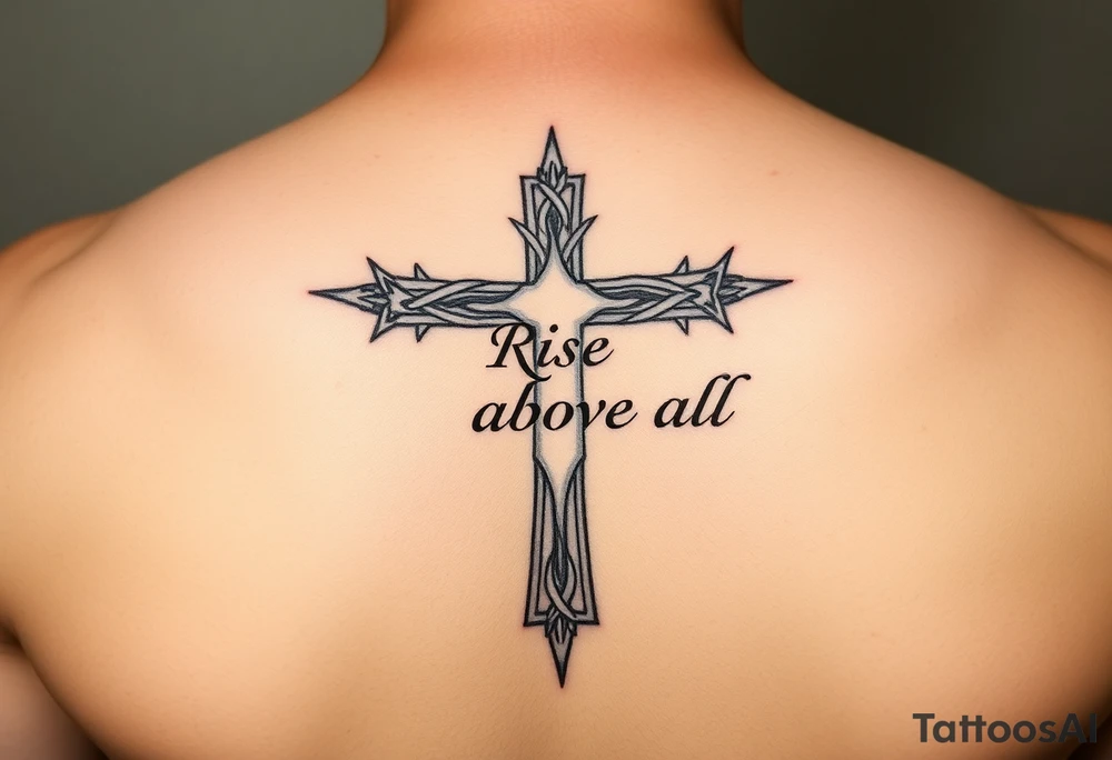 cross tattoo with thorns saying rise above all tattoo idea