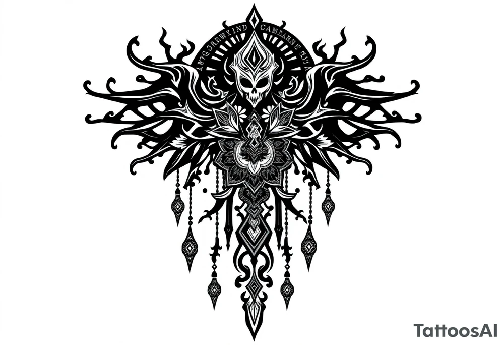 mystical dark and long ornament with shaman and witch style and ancient rhyme tattoo idea