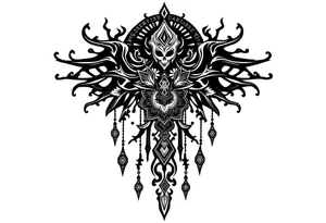 mystical dark and long ornament with shaman and witch style and ancient rhyme tattoo idea