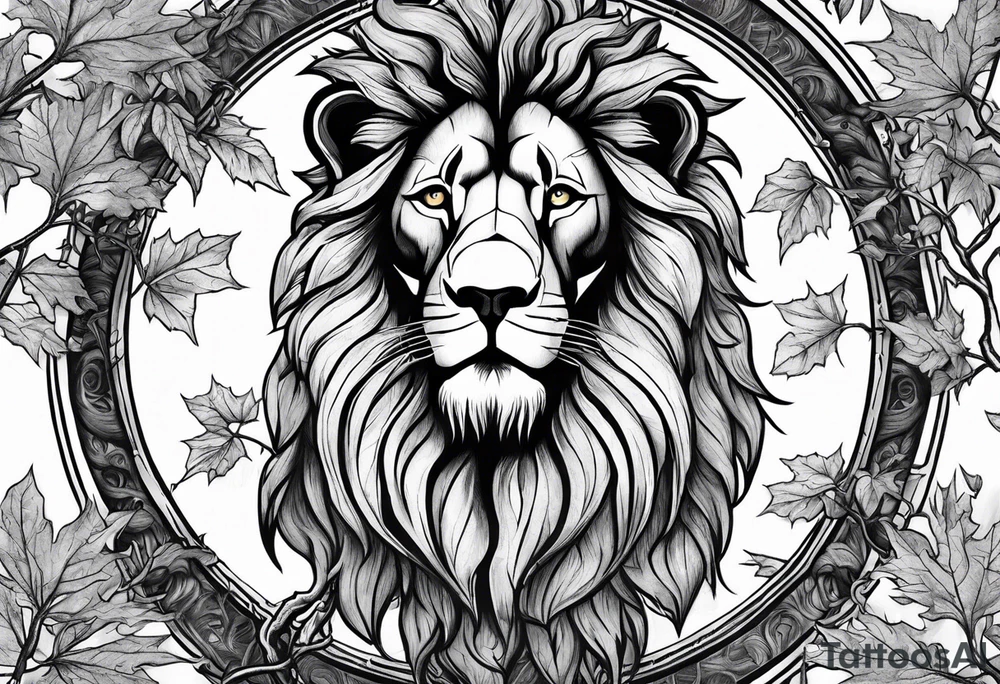 The lion of Judah, which is Jesus Christ, is tied and intertwined within a maple tree. tattoo idea