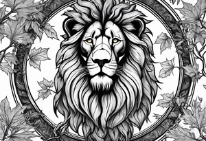 The lion of Judah, which is Jesus Christ, is tied and intertwined within a maple tree. tattoo idea