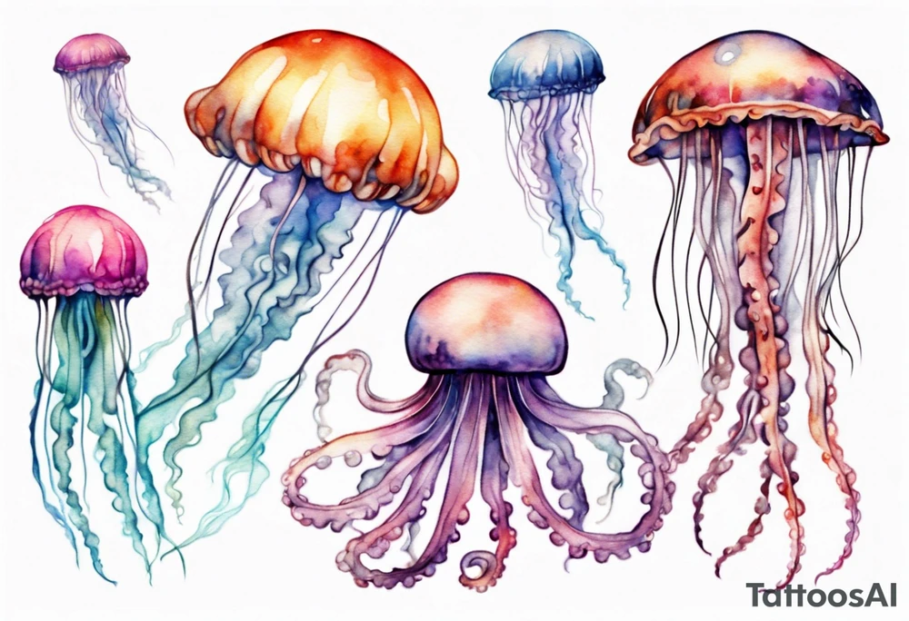 One large jellyfish with long tentacles, surrounded by two or three smaller jellyfish tattoo idea
