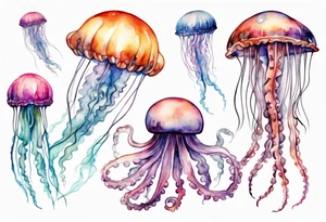 One large jellyfish with long tentacles, surrounded by two or three smaller jellyfish tattoo idea