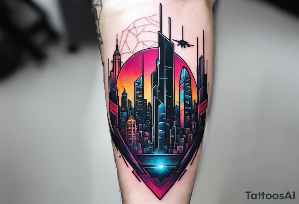 cyberpunk 2077, forearm tattoo, geometric, subtle, men, city skyline tattoo idea