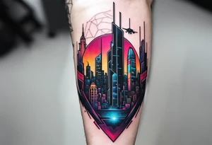 cyberpunk 2077, forearm tattoo, geometric, subtle, men, city skyline tattoo idea