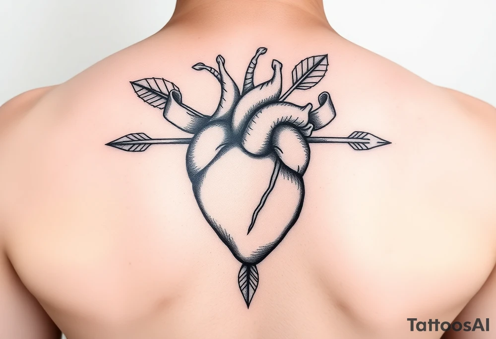 anatomical heart pierced by ornate arrow with flowing ribbons tattoo idea