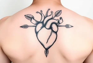 anatomical heart pierced by ornate arrow with flowing ribbons tattoo idea