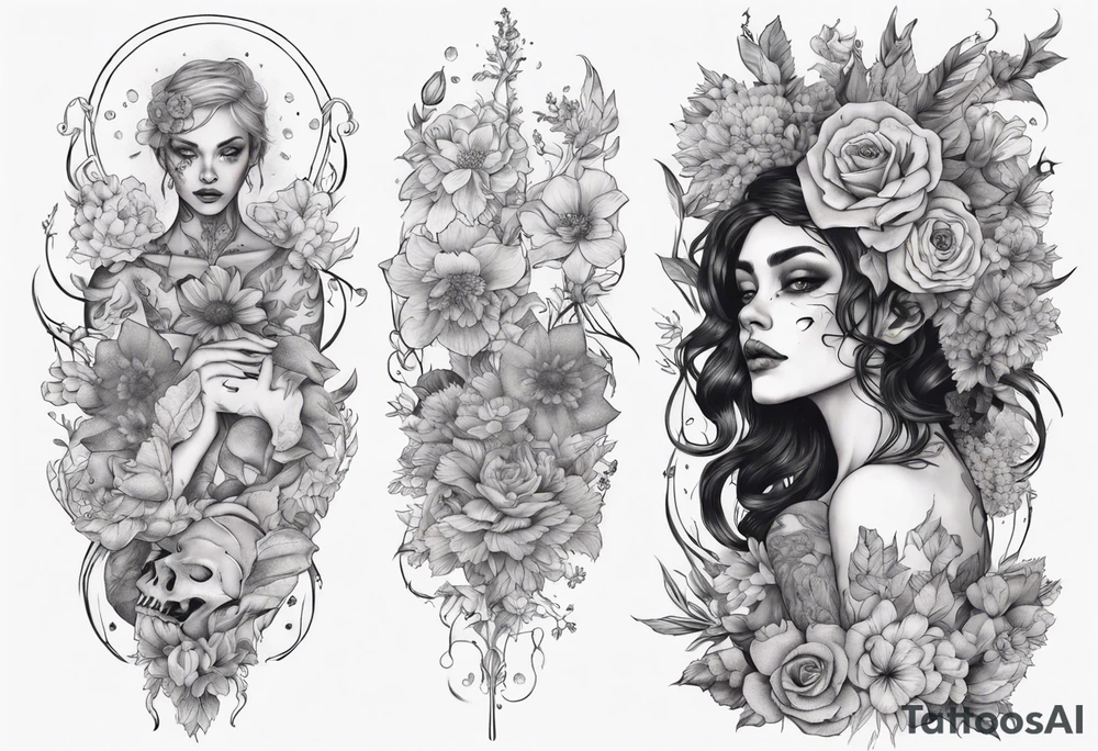sleeve with many flowers around it and a dark elf girl tattoo idea