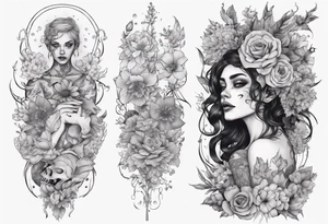 sleeve with many flowers around it and a dark elf girl tattoo idea