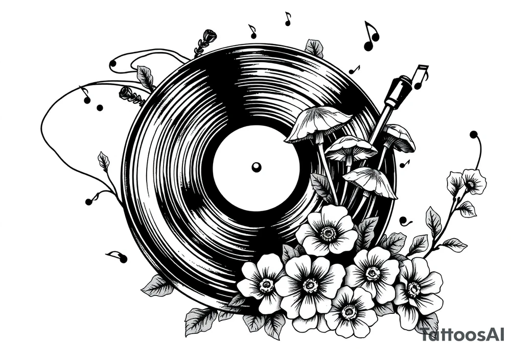 black and white vinyl record player with mushrooms, flowers, and music notes around it tattoo idea