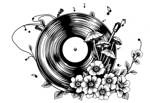 black and white vinyl record player with mushrooms, flowers, and music notes around it tattoo idea