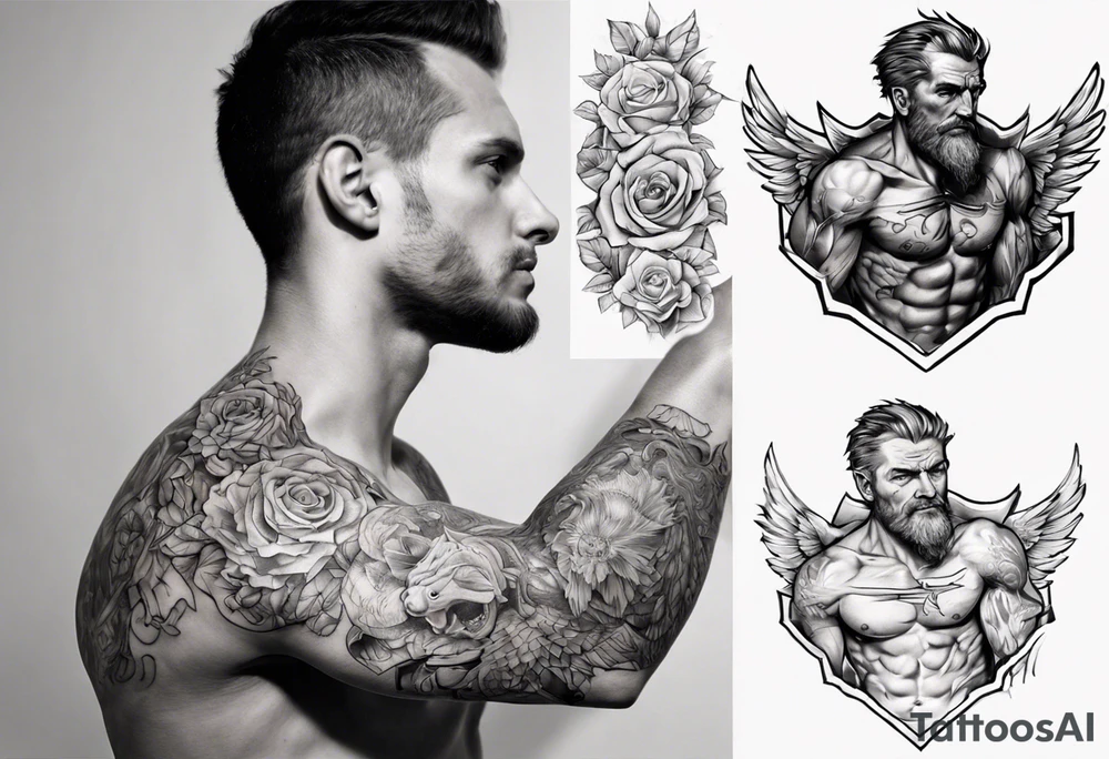a chest tattoo starting at the left pec going onto the shoulder and bicep. tattoo idea