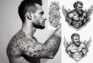 a chest tattoo starting at the left pec going onto the shoulder and bicep. tattoo idea