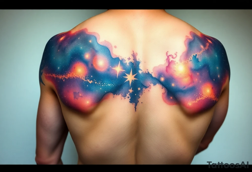 Beautiful and epic 3d milky way that appears to be what is beneath the skin. Make it drape over the shoulder and move to the middle back. use negative spaces to create stars and dust. Incorporate God breathing life into the universe. Keep it symmetrical tattoo idea