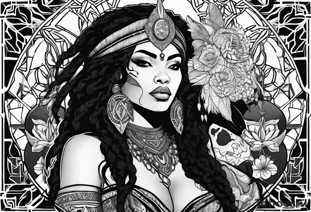 kali, valkrye, pirate, african goddess, , warrior, native american, lotus, zenza resonance, skulls, dragon, pachamama, left side face, chest, right wing, tattoo idea