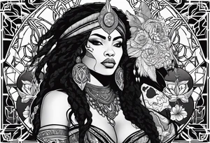 kali, valkrye, pirate, african goddess, , warrior, native american, lotus, zenza resonance, skulls, dragon, pachamama, left side face, chest, right wing, tattoo idea