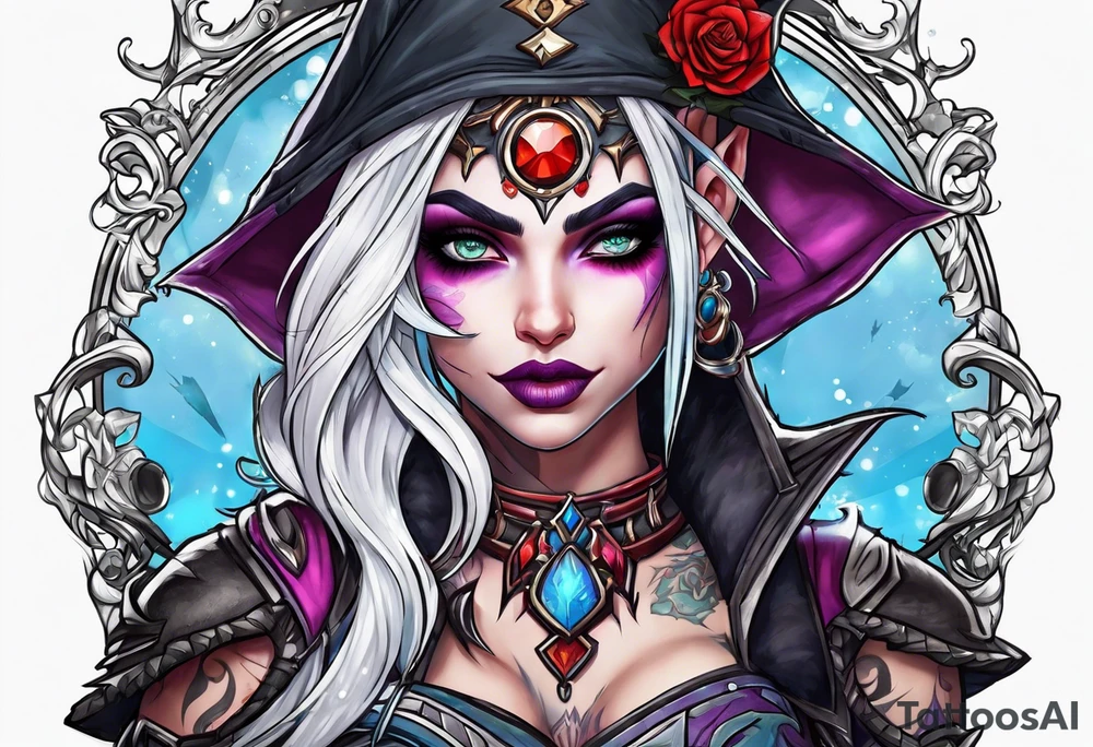 night elf from world of warcraft designed like harley quin tattoo idea