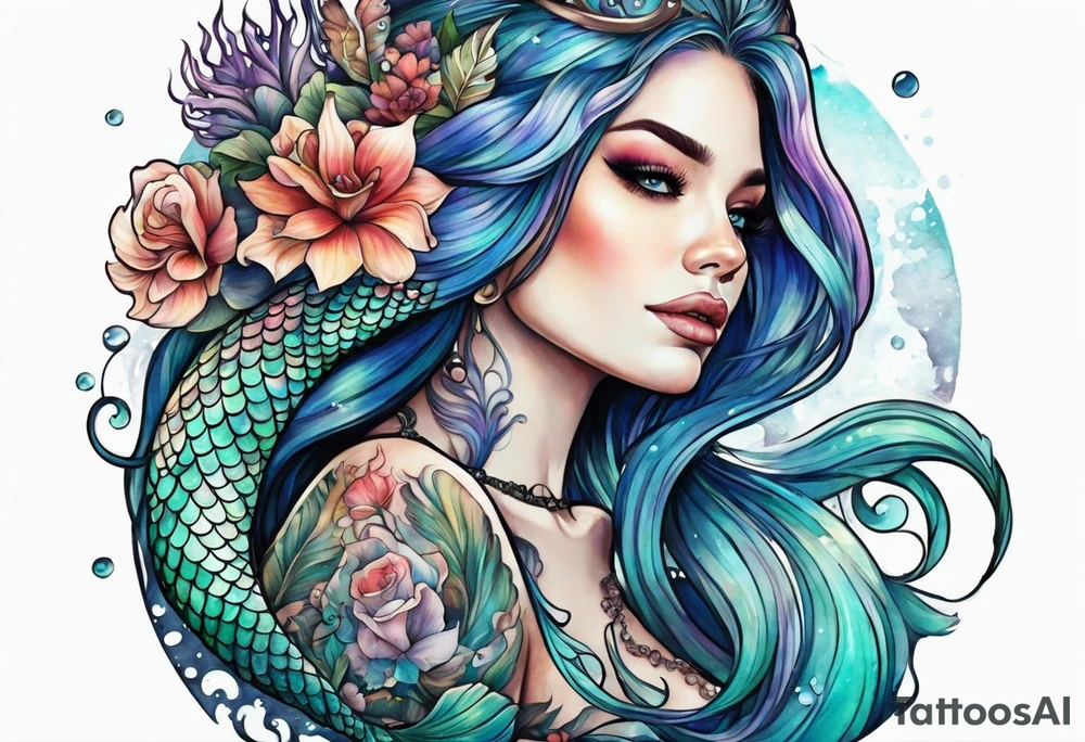 mermaid with skeleton tattoo idea