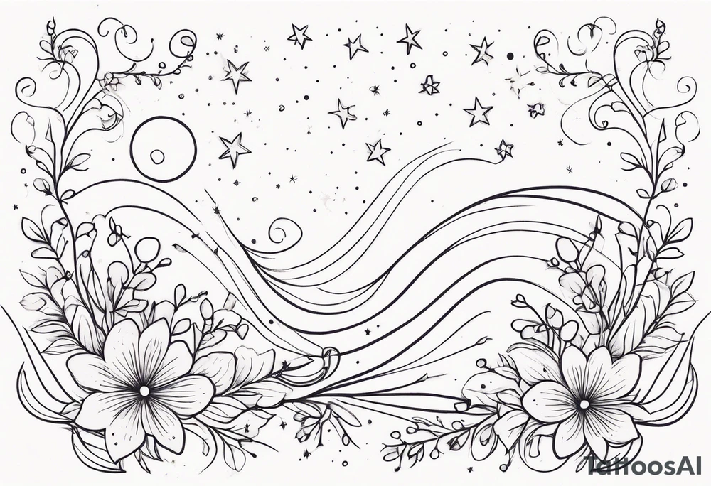 fine line floral with stars, swirls, dots tattoo idea