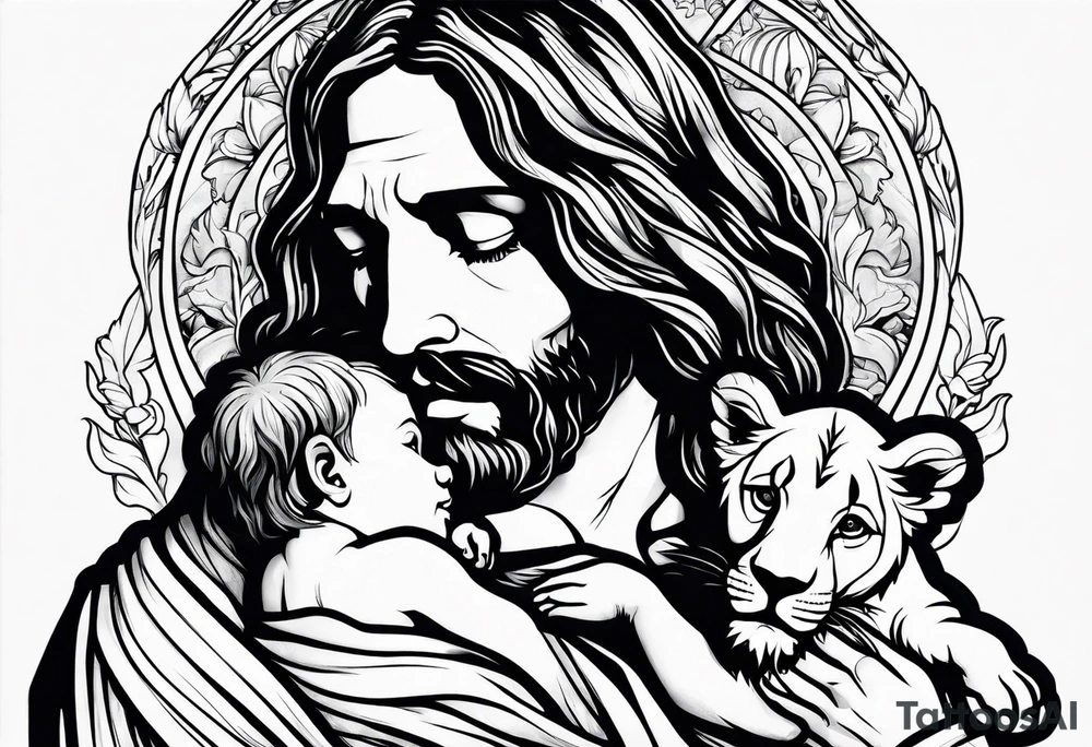 Jesus holding a lion cub tattoo idea