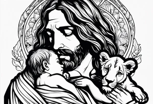Jesus holding a lion cub tattoo idea