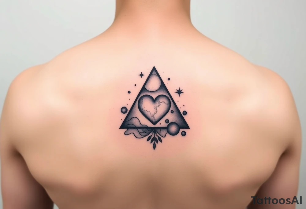 A single triangle with a heart in the center with planets and galaxy in background tattoo idea