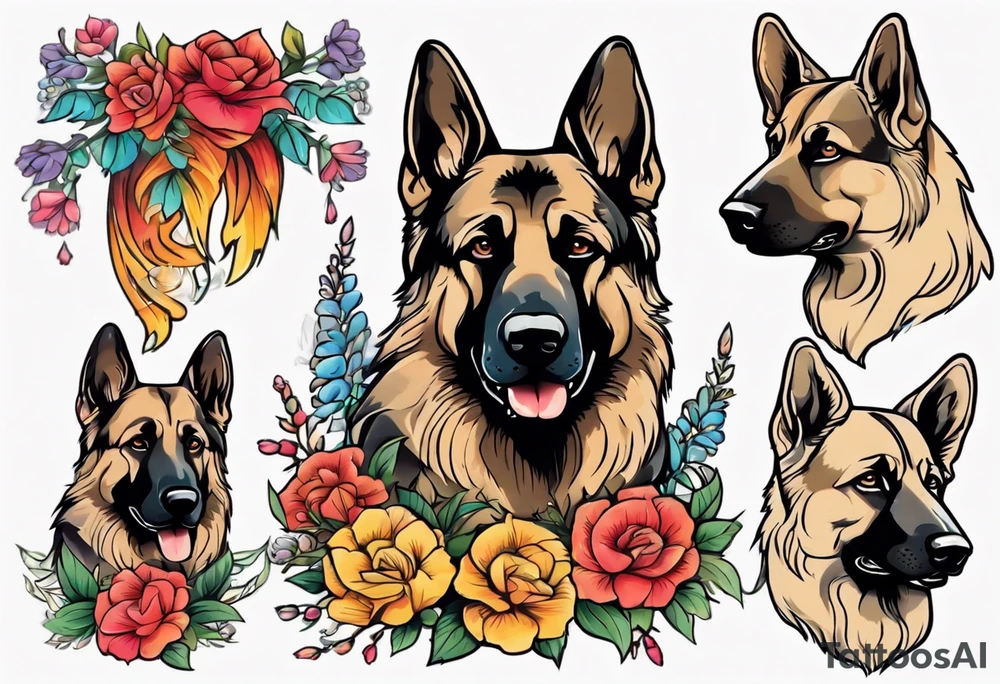 Sable haired German shepherd portrait brightly colored with flowers tattoo idea