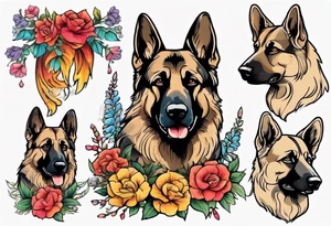 Sable haired German shepherd portrait brightly colored with flowers tattoo idea