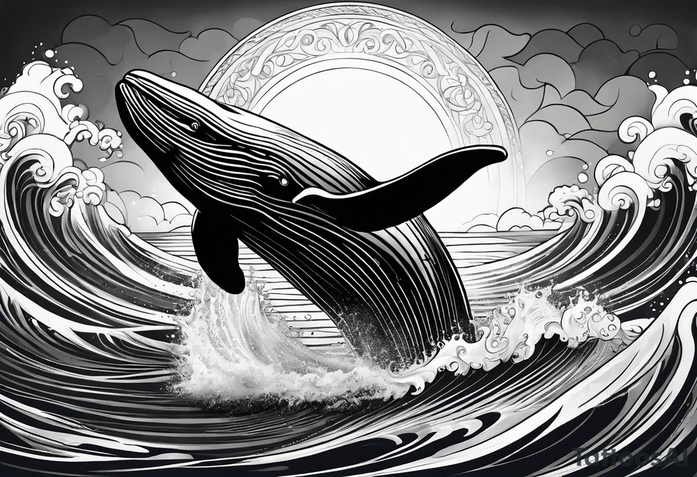 Whale ascending towards light, surrounded by swirling water tattoo idea