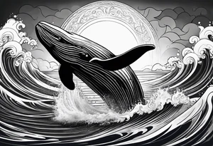 Whale ascending towards light, surrounded by swirling water tattoo idea