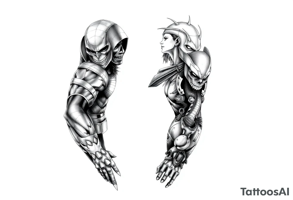 Comic related full sleeve of hero’s and a full sleeve of comic villians tattoo idea