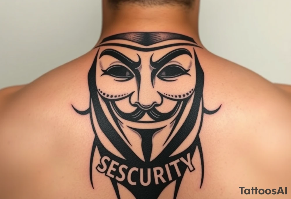 Anonymous mask tattoo black color black hat hacker with cyber security font bold tattoo idea