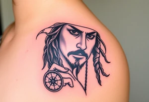 A dramatic black-and-gray portrait of Jack Sparrow with his head slightly tilted, holding a compass in one hand, with wind-blown dreadlocks and an intense gaze tattoo idea