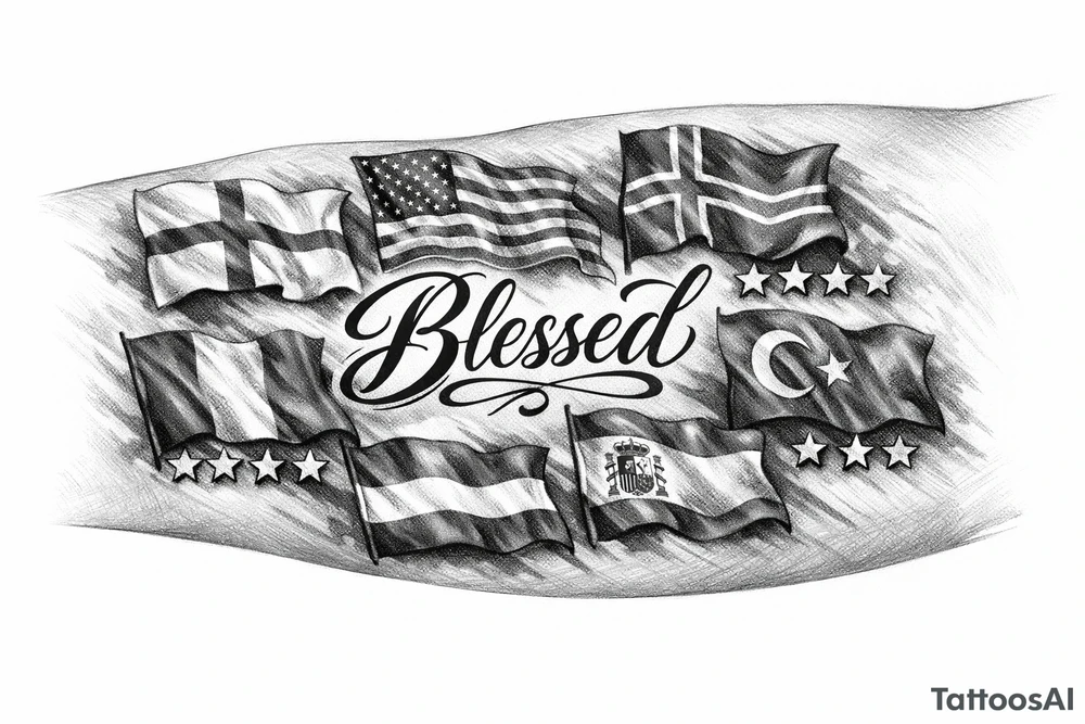 Football related England USA Iceland Italy Spain Turkey France Hungary flags inside forearm can u put 3 stars under iceland , 2 under turkey and italy
And quote in middle blessed flags to be around it tattoo idea