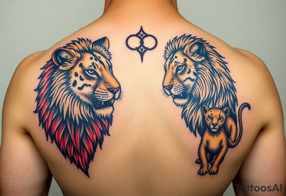 Male, female and cub lions tattoo idea