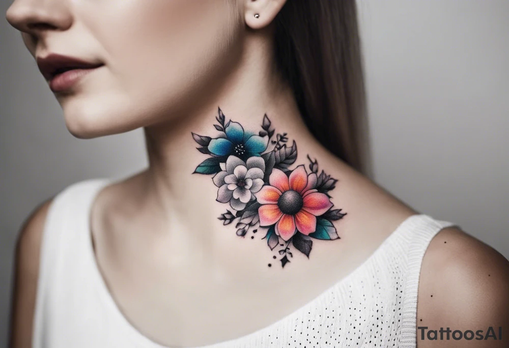 Collarbone tattoo of bright colorful flowers tattoo idea