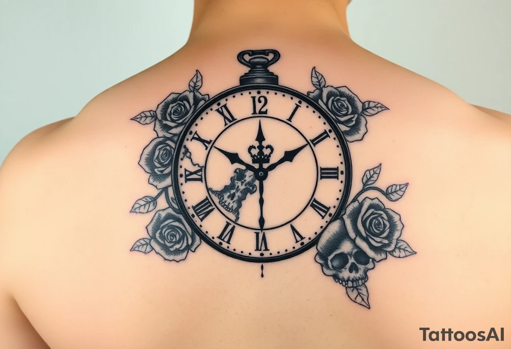 Broken Clock face 11:43 as set time. With roses and skull tattoo idea