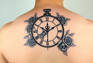 Broken Clock face 11:43 as set time. With roses and skull tattoo idea