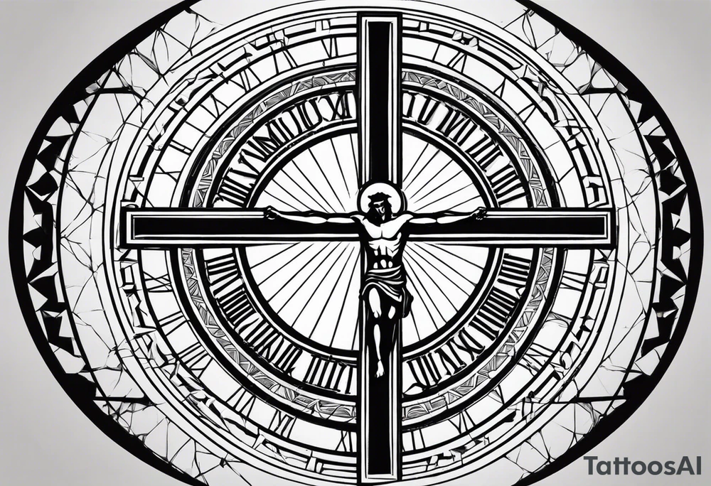 Circle made with Roman numerals, with a crucified man inside the circle tattoo idea