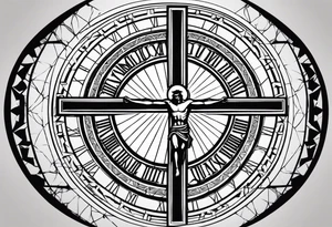 Circle made with Roman numerals, with a crucified man inside the circle tattoo idea