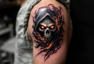 A Reaper with burning red eyes cloaked in black smoke with hints of orange fire. tattoo idea
