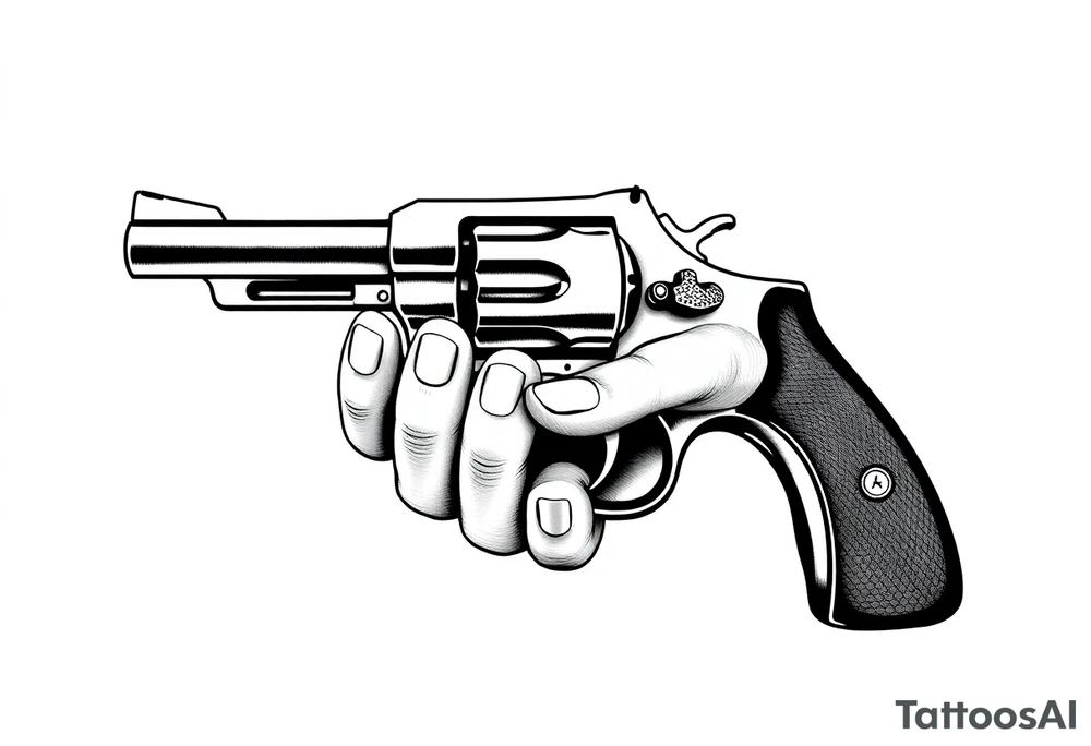 Actual size Revolver .45 caliber elegant but simple art work on gun. With fingers being the barrel and, butt of gun towards wrist. tattoo idea