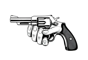 Actual size Revolver .45 caliber elegant but simple art work on gun. With fingers being the barrel and, butt of gun towards wrist. tattoo idea