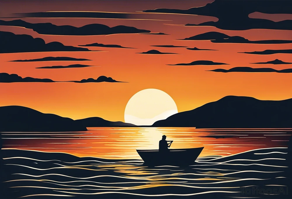 Sunset from the perspective of being on a boat on the ocean. The waves are very calm and there is no land in site. There are slight reflections of the sun on the water. The tattoo will be in landscape orientation on the forearm, rought 3 inches wide and 2 inches tall. The style is incredibly minimal and simple. Mostly black with small splashes of color from the sun. There are no other objects in the tattoo besides the sun, water, and maybe some clouds and a bird or two, tattoo idea