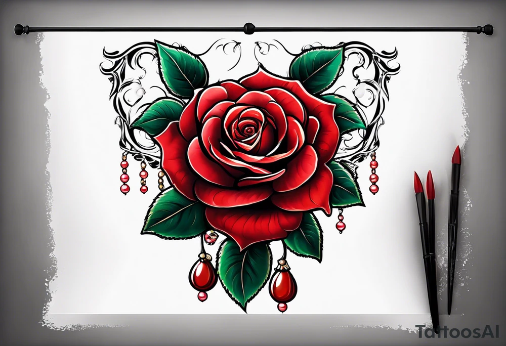 Red rose with a pearl necklace dangling tattoo idea