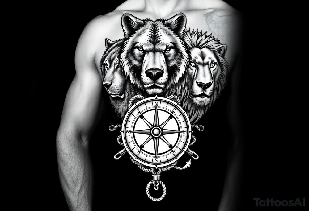 stacked wolf, bear, lion, faces; surrounded by a broken old school compass with a rope and anchor on the bottom tattoo idea